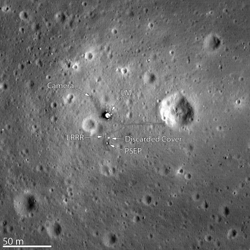 The Apollo 11 landing site, as seen from Moon orbit by the Lunar Reconnaissance Orbiter (LRO). Let what you’re seeing sink in for a moment: the image includes the base of the Lunar Module, the camera they left behind on the Moon’s surface, and the actual tracks left by Armstrong and Buzz Aldrin. [Credit: NASA/U. of Arizona]