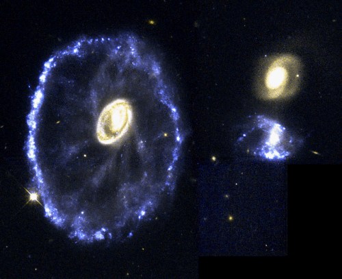 Approximately 200 million years before this image, a smaller galaxy burst through the disk of the blue ring of galaxy at the left. The result is the Cartwheel Galaxy. The blue light at the galaxy's rim marks the formation of new stars, catalyzed by the collision. [Credit: NASA/ESA/K. Borne (STScI)]