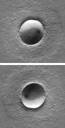 A well-known optical illusion can be produced from images of craters or similar structures. The top and bottom photo are the same picture, just oriented differently. [Credit: I don't remember where I got this image! If anyone can identify it, please let me know]