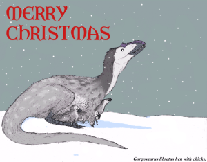 Christmas card depicting a Gorgosaurus hen and chicks in the snow. [Credit: TheMorlock]