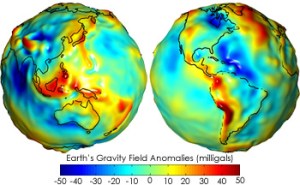 Eastern and western hemisphere geoids: variations of the Earth's gravitational influence, as measured by the GRACE satellites. The lumps and colors both indicate deviations from the average, with blue indicating slightly stronger gravity, and red indicating slightly weaker. [Credit: NASA/EOS]
