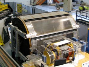 The original core of the Collider Detector at Fermilab (CDF), which is bristling with silicon chips and other means of detecting and identifying particles. CDF and DZero are the two big detectors at the Tevatron. [Credit: moi]
