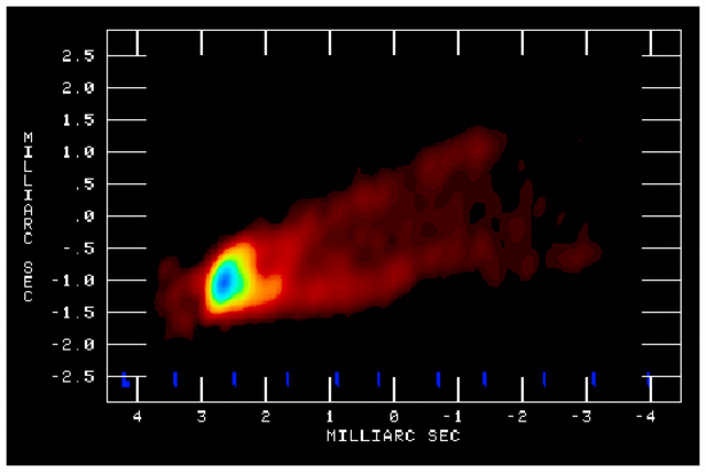 Fluctuations in the jet from M87 in radio light, as seen using the Very Long Baseline Array (VLBA). [Credit: NRAO]
