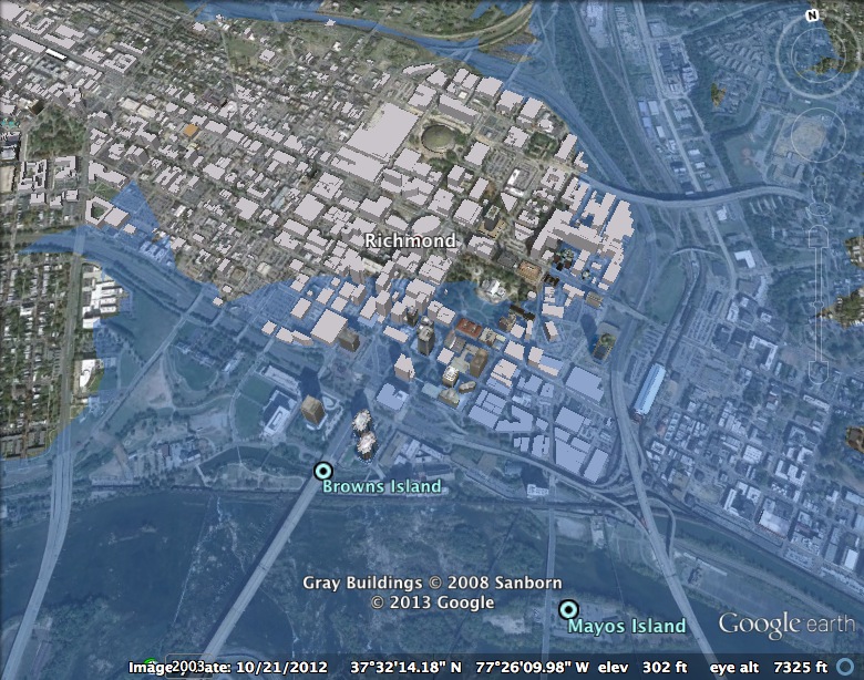 The "flooding" of Richmond, Virginia: using a naive model of ocean-level rise, 45 meters of flooding would wipe out many of the lower lying areas in the city where I live.
