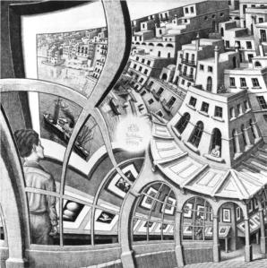 "Print Gallery" by M.C. Escher blends optical illusions together, but there's a place where the images can't fit together consistently: the very center, where Escher cheated by putting his signature.