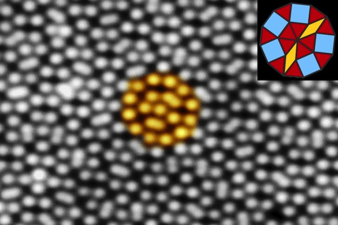 A 12-fold quasicrystal: a two-dimensional arrangement of atoms that can never fully repeat itself. The arrangement can be duplicated using three types of tiles, shaped like squares, flattened rhomboids (figures with four equal sides), and equilateral triangles. [Credit: Wolf Widdra]