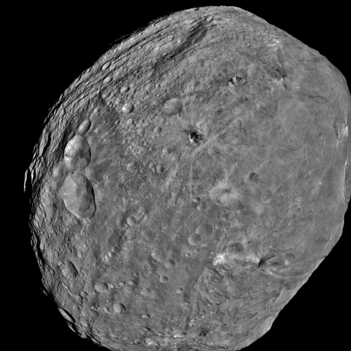 The asteroid Vesta, as seen by the Dawn space probe. Vesta is the second largest asteroid in the Solar System. [Credit: NASA, JPL-Caltech, UCLA, MPS, DLR, IDA]