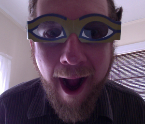 These 3D glasses (from an exhibition on Egypt at the Virginia Museum of Fine Arts, which explains the motif) have polarizing filters in each eye. If you look closely, you can see that one eye is darker than the other; that's because the light from the computer monitor is polarized in such a way that it passes through one filter but not the other. [Credit: moi]