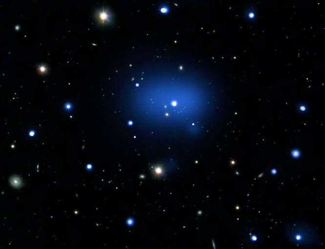 A composite X-ray/optical image of the galaxy cluster JKCS 041, 9.9 billion light-years away. [Credit: Credits: X-ray: NASA/CXC/INAF/S.Andreon et al. Optical: DSS; ESO/VLT]