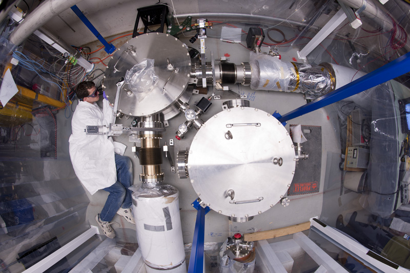 Construction of the Holometer, an experiment to test a hypothesis about the structure of spacetime on the microscopic scale. [Credit: Fermilab]