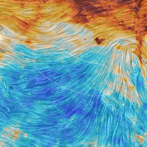 Colorful visualization of Planck data in the region of BICEP2; click on the image for an even higher-resolution version. [Credit: ESA/Planck Collaboration/M.-A. Miville-Deschênes, CNRS – Institut d’Astrophysique Spatiale, Université Paris-XI, Orsay, France]