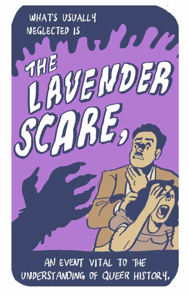 panel from "The homophobic hysteria of the Lavender Scare" by Dorian Alexander, showing a sinister hand menacing two screaming people over a lavender-colored background