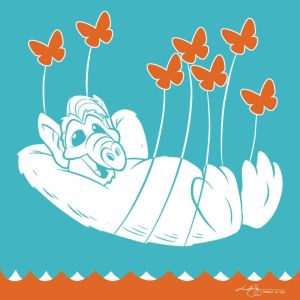 drawing of ALF from the 1980s sitcom, being carried by butterflies (Bluesky's logo) in reference to Twitter's old error message known as the "fail whale"